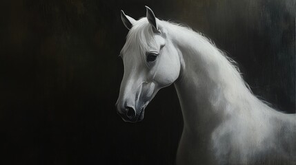 Obraz premium Oil painting showcasing a black shot portrait of a white horse against a dark background featuring a striking black portrayal of the animal