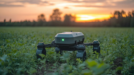 Fototapeta premium A robotic device in a field during sunset, likely for agriculture.