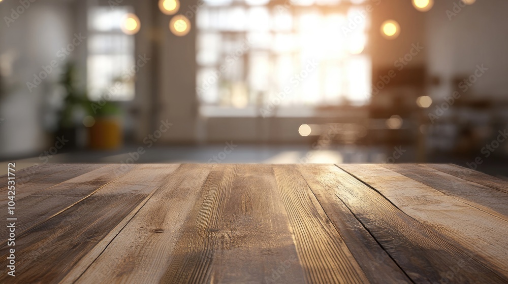 Poster 3d rendering of a wood tabletop in a blurred empty office space with abstract light bokeh in the bac