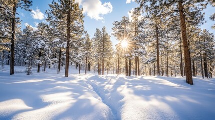 Fototapeta premium Snowy Landscape with Pinecones and Sunlight