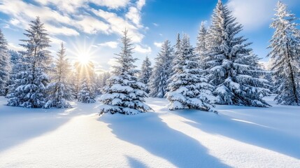 Fototapeta premium Snowy Landscape with Pinecones Under a Bright Sky