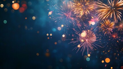 Obraz premium A vibrant display of fireworks explodes against a dark blue sky with twinkling bokeh lights.
