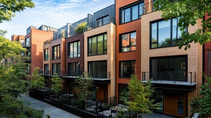 Modern residential buildings with balconies and greenery in an urban setting.