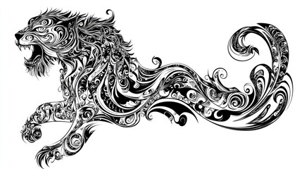 Fototapeta premium Ornate black line art animal design in a traditional style digitally traced from a PC drawing raster format