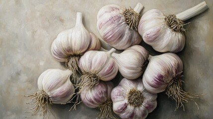 Oil painting depicting a top view of raw garlic bulbs with detailed texture on a soft gray background emphasizing their natural purple tones and intricate root structure