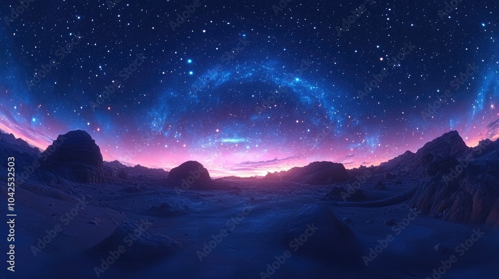 Wall mural 360 degree space background with stars panorama in 3d cartoon rendering featuring equirectangular pr
