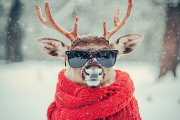 A humorous portrait a reindeer wearing sunglasses and a red scarf in a winter setting.