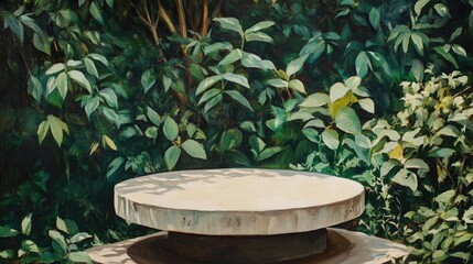 Oil painting of a concrete podium with a tabletop in a blurred outdoor garden setting filled with green foliage ideal for natural product display and summer jungle themes