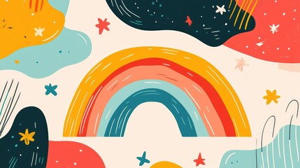 Fototapeta premium Line art illustration featuring a flat design of a rainbow on a colorful background