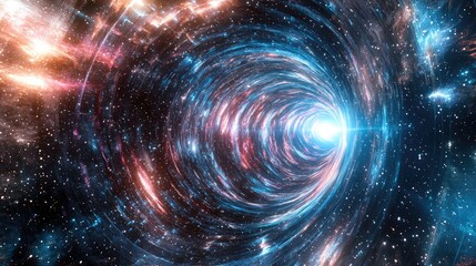 3D illustration of a hyperspace jump through the stars to distant space featuring neon glowing rays in motion lightspeed travel and a warp journey within a wormhole
