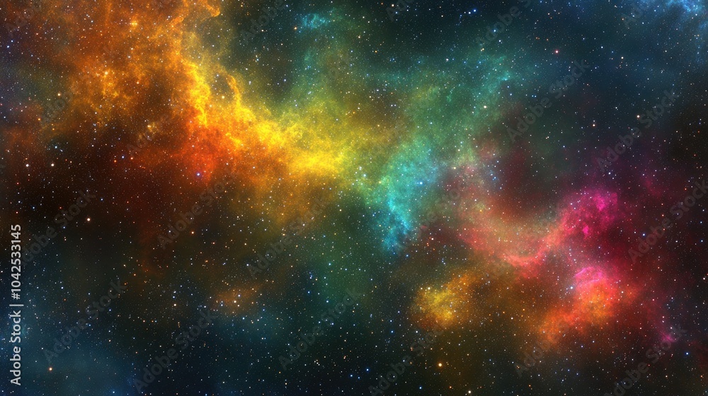 Wall mural colorful nebula surrounding a constellation in a 3d cartoon rendering of a star field in space with 