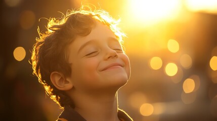 Fototapeta premium Boy with Curly Hair Smiling at Sunset
