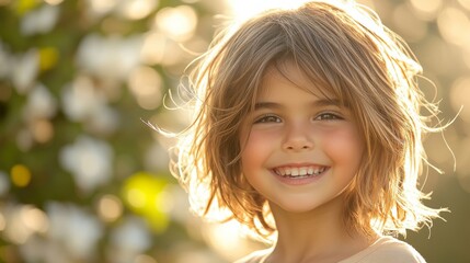 Fototapeta premium Young Girl with Blonde Hair Smiling in Sunlight