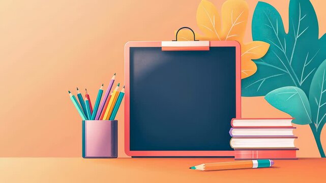 A vibrant workspace featuring a colorful clipboard, pencils, and books, educational and creative concept