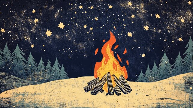 Intriguing bonfire crackling in a snowy landscape under a starry night sky evoking warmth and adventure for winter themed coloring experiences