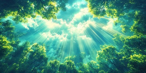 Obraz premium Sunlight streaming through trees in a forest setting, Sunlight filtering through trees in a forest scene
