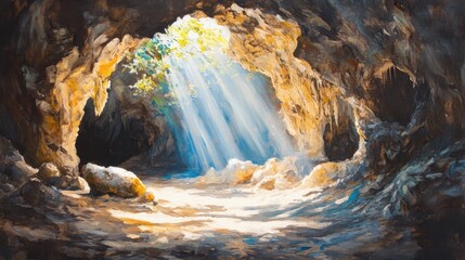 Oil painting depicting sunlight streaming into a cave highlighting the beauty of natural light during exploration