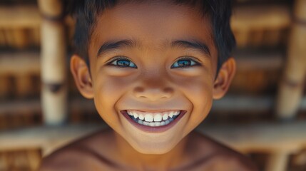 Close-up portrait of a young boy with a bright smile and blue eyes