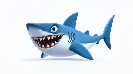 Cheerful 2D cartoon depiction of a smiling shark with teeth designed in a child friendly style against a plain white background