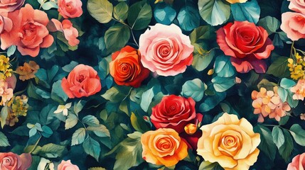 Fototapeta premium Watercolor bouquet flower pattern featuring roses and hulthemia Aquarelle wildflower design suitable for backgrounds textures wraps or borders
