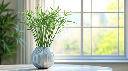 Fototapeta premium 3D rendering of a vase containing green bamboo stems placed on a table by a window