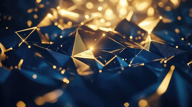 Elegant dark blue and golden graphics background featuring polygonal designs Premium abstract template for luxury corporate events with classic shapes and center LED screen visuals