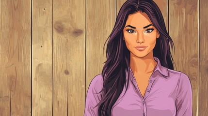 Fototapeta premium Confident woman poses firmly in front of a rustic wooden background wearing a lilac shirt