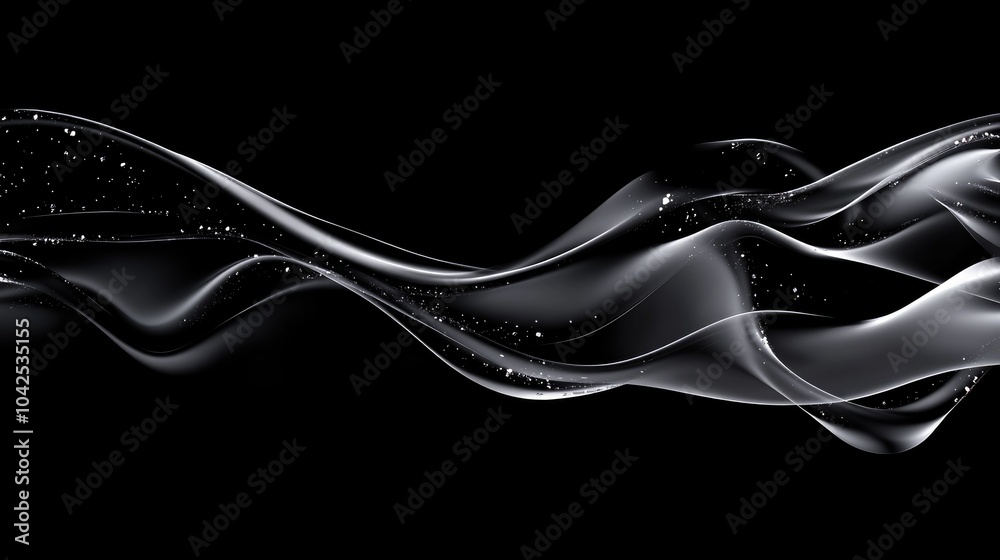 Poster abstract black background featuring a 3d cartoon rendering of sequined smoke with waves and fluid ov