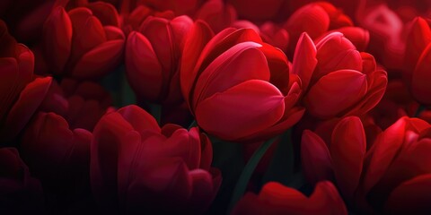 Naklejka premium Vibrant red tulips in bloom within a garden, featuring ample space for text, Red tulips blooming in a garden with space for text