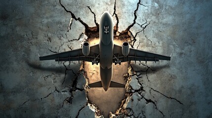 Illustration of an airplane taking off through a gap in a cracked wall depicting its departure into an indoor space 3D image ideal for wallpapers