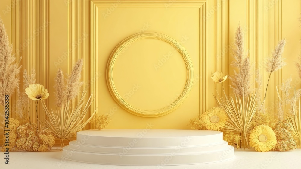 Poster abstract minimalist yellow podium for product display and showcase with decorative elements in 3d re