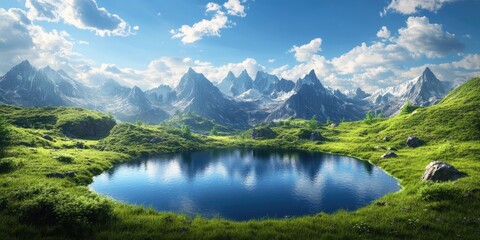 Fototapeta premium Stunning panoramic view of an alpine lake surrounded by majestic mountains A sense of adventure in the remote wilderness of the rugged Alps with towering mountain ridges