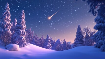 Naklejka premium Christmas night depicted in a 3D cartoon rendering featuring a winter forest blanketed in snow under a starry sky The scene captures the moment of the first star shining bright with a comet fallin