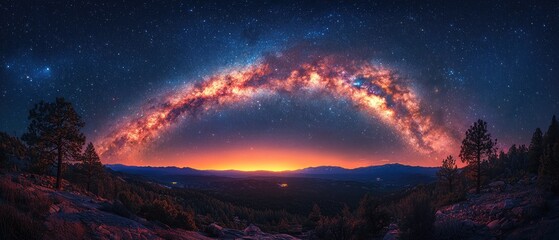 Naklejka premium Milky Way Arching Over a Mountainous Landscape at Dusk