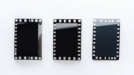 Fototapeta premium Three black film negatives with perforated edges on a white background.