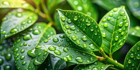 Fototapeta premium A close-up of dew drops clinging to the surface of vibrant green leaves, showcasing the beauty of nature's delicate details.