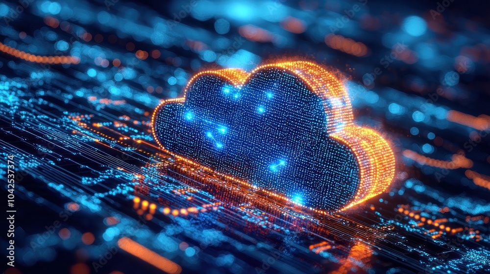 Poster a glowing cloud symbol formed by digital data on a circuit board.