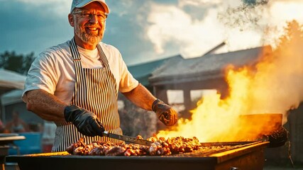A chef grilling meat over an open flame, culinary skills at an outdoor barbecue event.