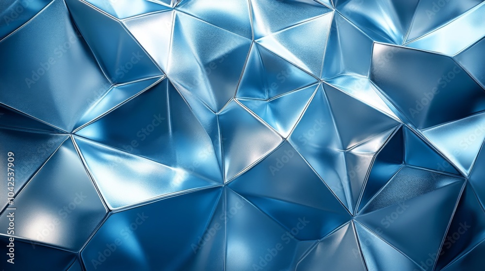 Poster The surface features a complex arrangement of triangular shapes in a vibrant blue hue, creating depth and texture. The light reflects off the facets, enhancing the visual appeal and modernity.