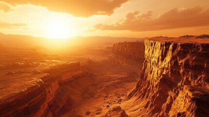 A Clifftop View of a Martian Canyon at Sunset
