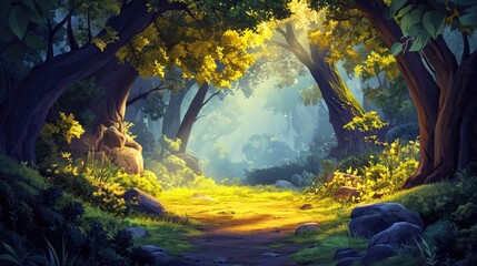 Obraz premium A Sunlit Path Through a Lush, Green Forest