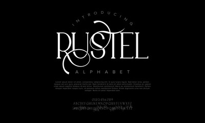 Rustel typography beauty fashion elegant minimalist serif italic fonts decorative wedding vintage retro logos. Minimal luxury font alphabet logo. Vector illustration