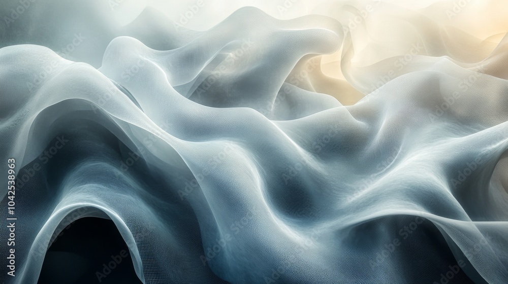 Poster Translucent fabric flows effortlessly, capturing light and creating a serene, wave-like effect. The textures and shapes evoke a sense of calm and beauty in this gentle arrangement.