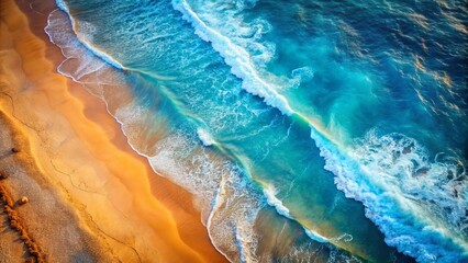 A Breathtaking Aerial View of a Golden Sand Beach Meeting the Deep Blue Ocean with Foamy Waves Rolling in