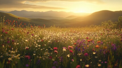 As the sun dips low on the horizon, a meadow comes alive with the golden glow, highlighting fresh spring grass and a tapestry of wildflowers, creating a serene, idyllic landscape.