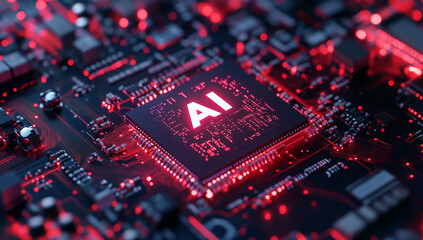 Futuristic Artificial Intelligence Chipset Integrated on Circuit Board with Glowing Red and Blue Lights