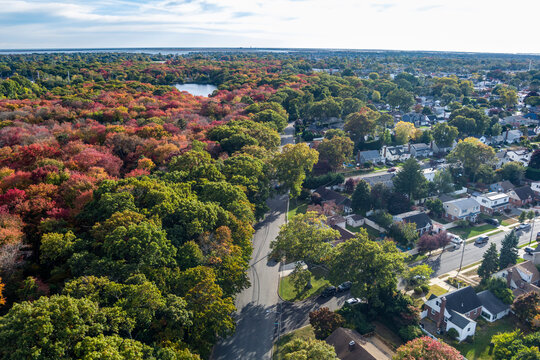 Aerial view of Massapequa Preserve Long Island with fall colors