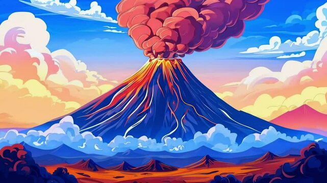 Cartoon Landscape of an active volcano with smoke clouds
