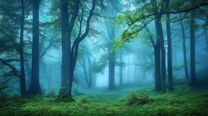 Obraz premium A mystical forest scene with tall trees and fog creating a sense of mystery and serenity.