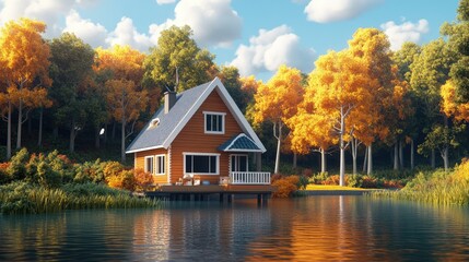 Obraz premium A Cozy Cabin by the Lake in Autumnal Woods